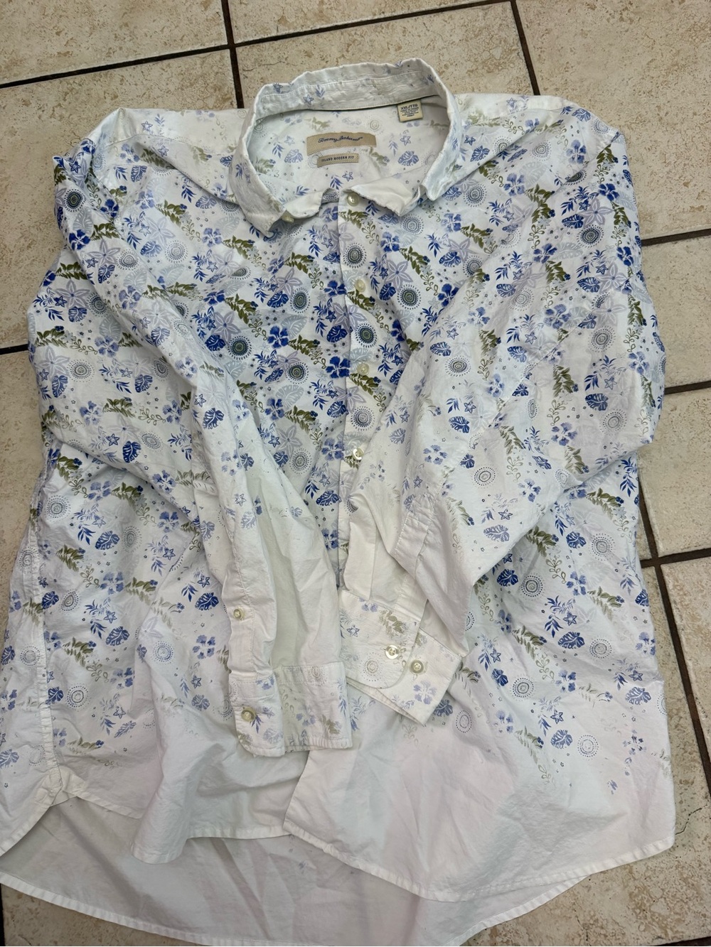 Tommy Bahama White Button-Down Shirt with Blue & Green Floral Print